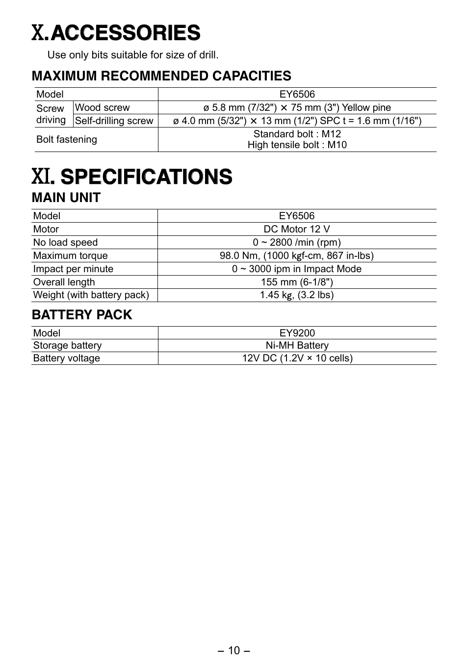 Accessories, Specifications, Accessories accessories | Maximum recommended capacities, Main unit, Battery pack | Panasonic EY6506 User Manual | Page 10 / 12