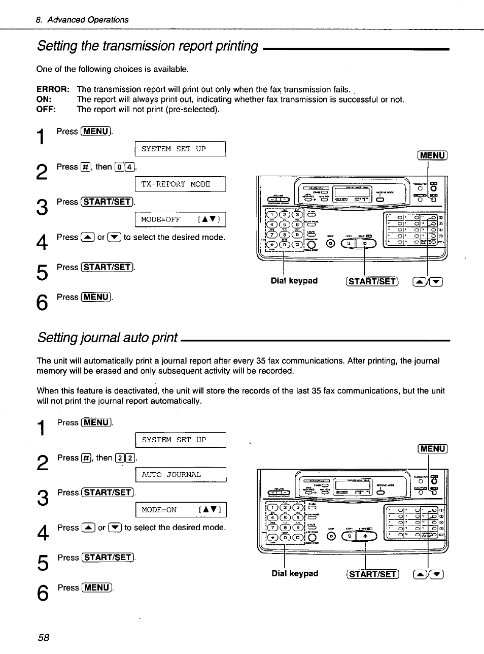 Ict)ci)(i)i'<s, Setting the transmission report printing, Setting journal auto print | System set up tx-report mode mode=off, Pi' o 