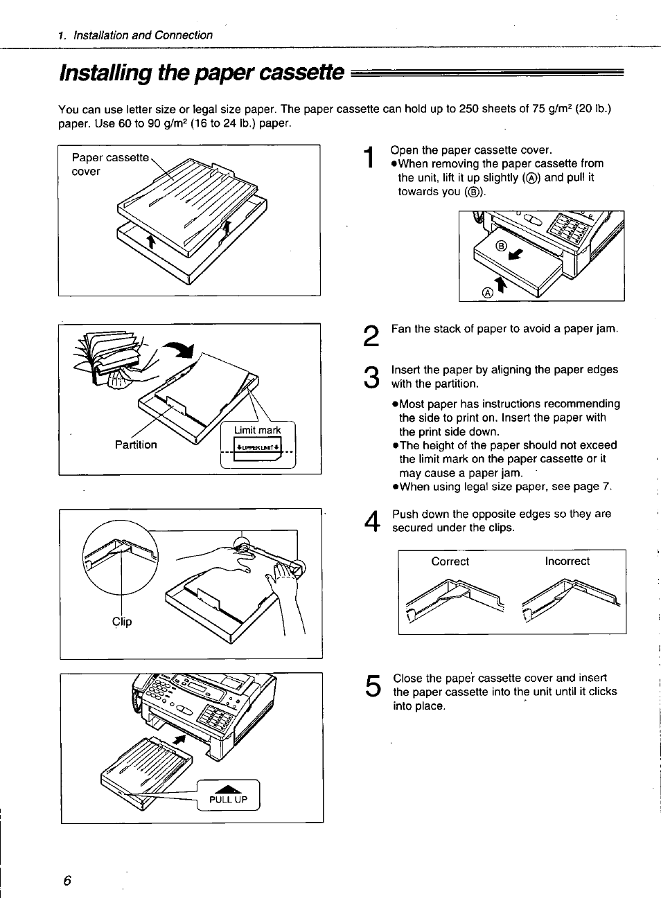 Installing the paper cassette | Panasonic KXF1100 User Manual | Page 6 / 84