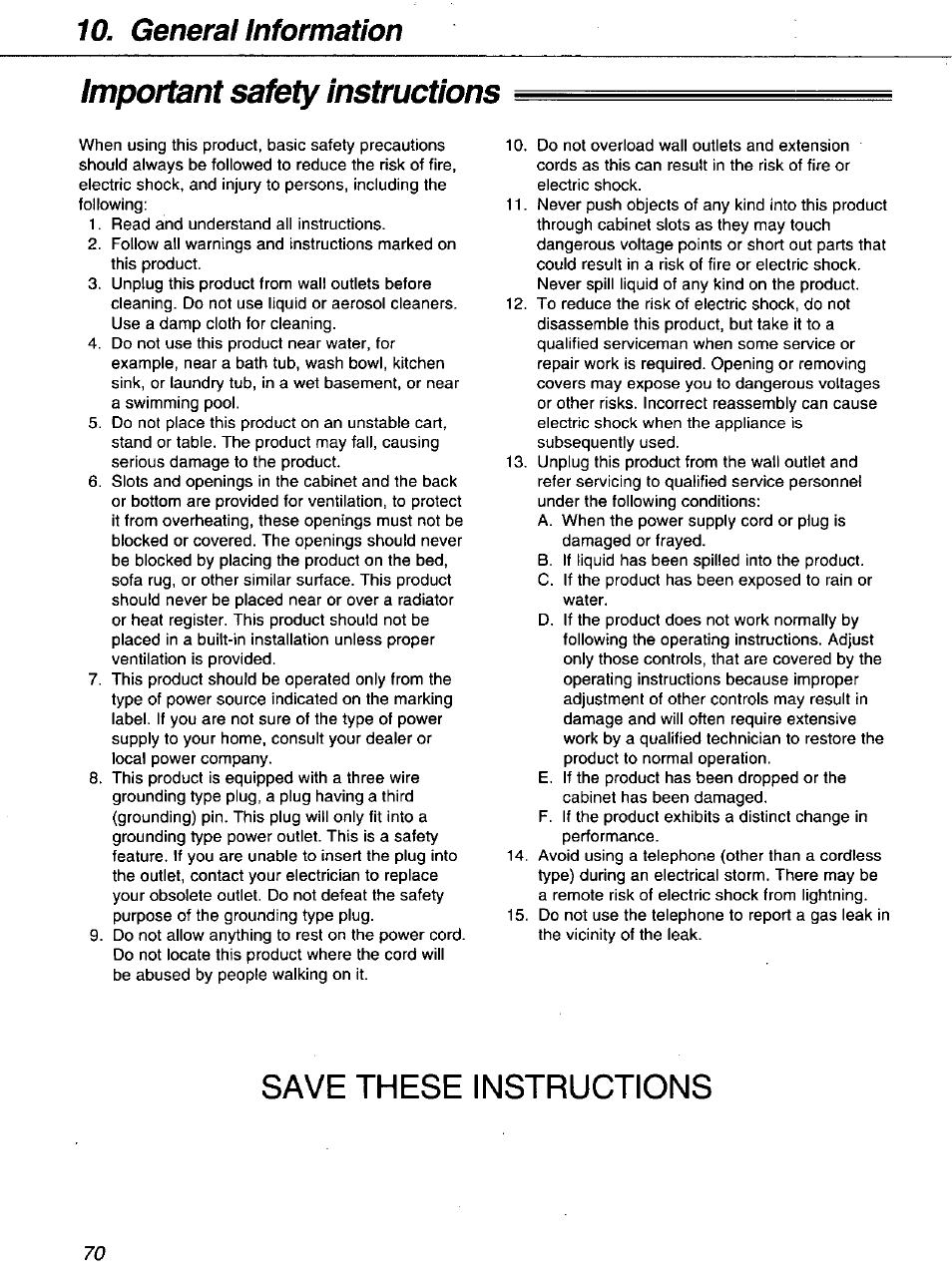 Important safety instructions, Save these instructions, General information important safety instructions | Panasonic KXF1100 User Manual | Page 70 / 84