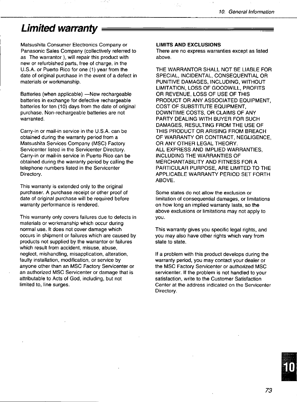 Limited warranty | Panasonic KXF1100 User Manual | Page 73 / 84