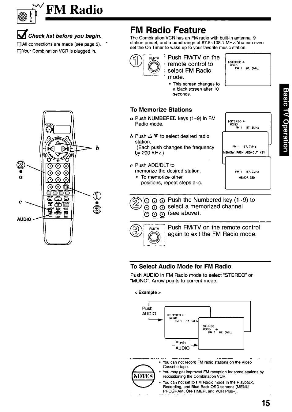 И' fm radio, Fm radio feature, To memorize stations | To select audio mode for fm radio, Fm radio | Panasonic OMNIVISION PV-M2737 User Manual | Page 15 / 36
