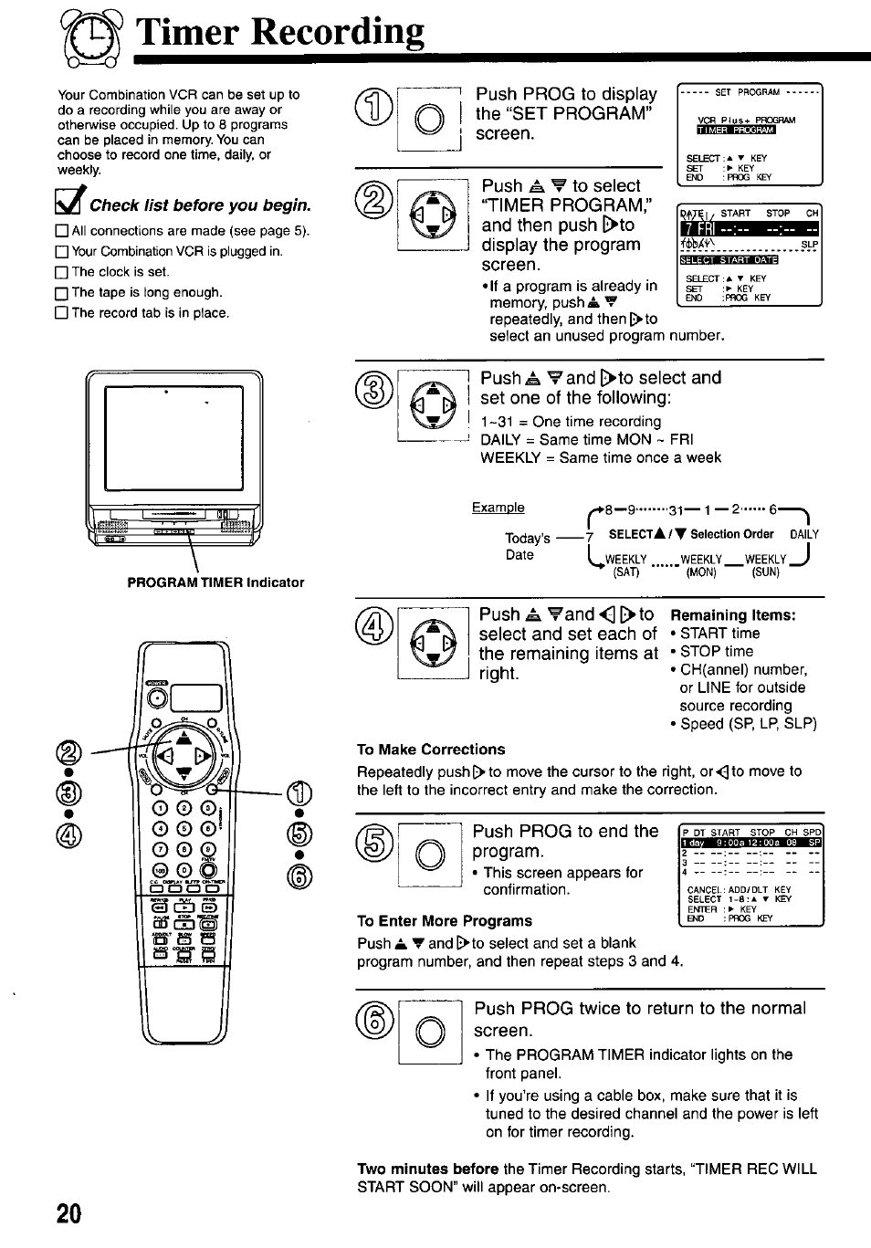 Timer recording, Remaining items, To make corrections | To enter more programs | Panasonic OMNIVISION PV-M2737 User Manual | Page 20 / 36