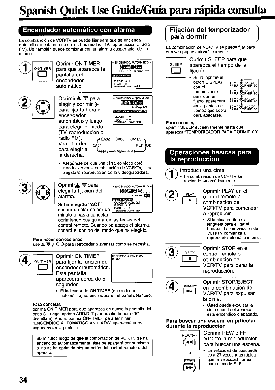 Spanish quick use guide/guia para ràpida consulta, Encendedor automático con alarma, Para hacer correcciones | Para cancelar, Fijación del temporizador para dormir, Operaciones básicas para la reproducción | Panasonic OMNIVISION PV-M2737 User Manual | Page 34 / 36