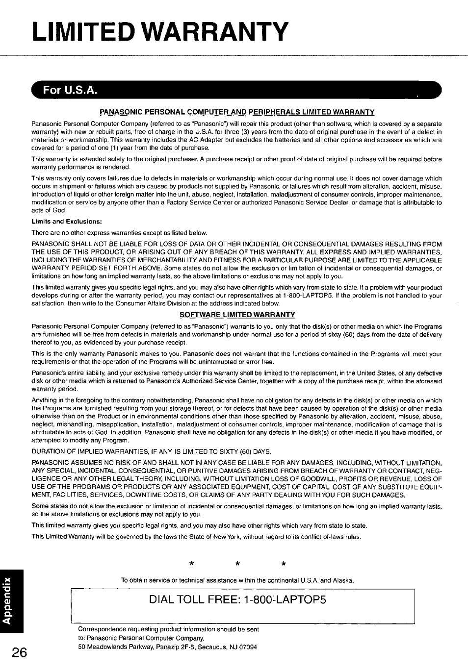 Limited warranty, For u.s.a | Panasonic TOUGHBOOK CF-37 User Manual | Page 26 / 28