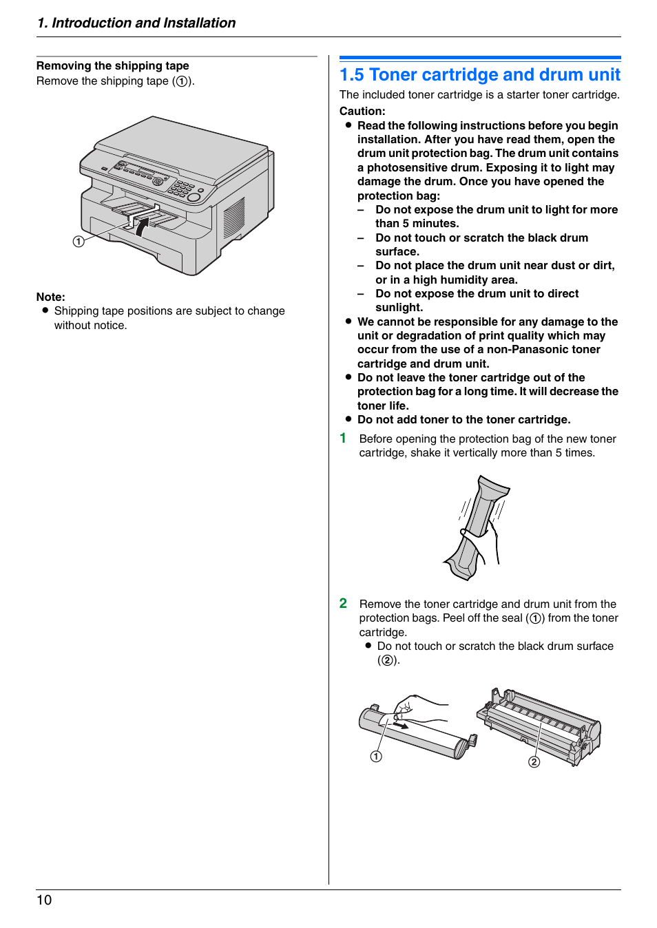 Installation, 5 toner cartridge and drum unit, Toner cartridge and drum unit | 5 toner cartridge and drum unit, Introduction and installation 10 | Panasonic KX-MB772CX User Manual | Page 10 / 88