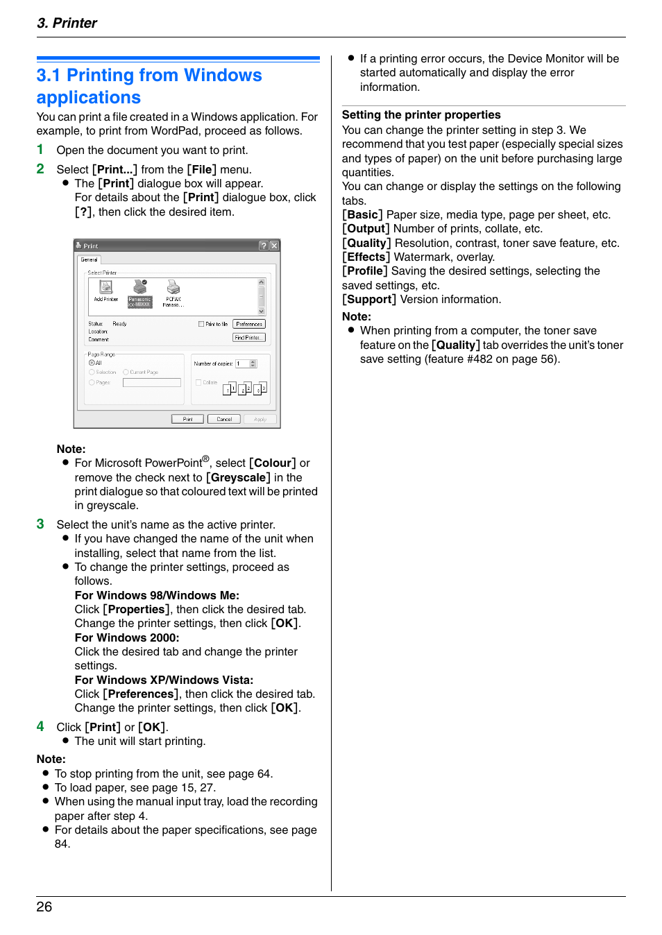 Printer, 1 printing from windows applications, Printing from windows applications | 1 printing from windows applications, Printer 26 | Panasonic KX-MB772CX User Manual | Page 26 / 88