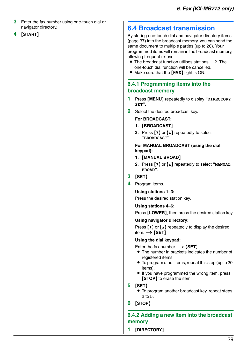 4 broadcast transmission, Broadcast transmission, 4 broadcast transmission | Panasonic KX-MB772CX User Manual | Page 39 / 88