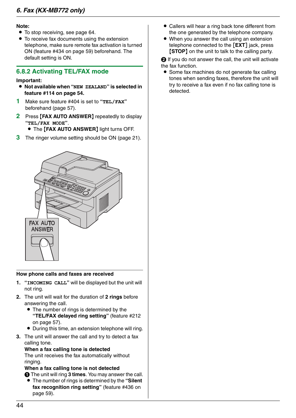 2 activating tel/fax mode | Panasonic KX-MB772CX User Manual | Page 44 / 88