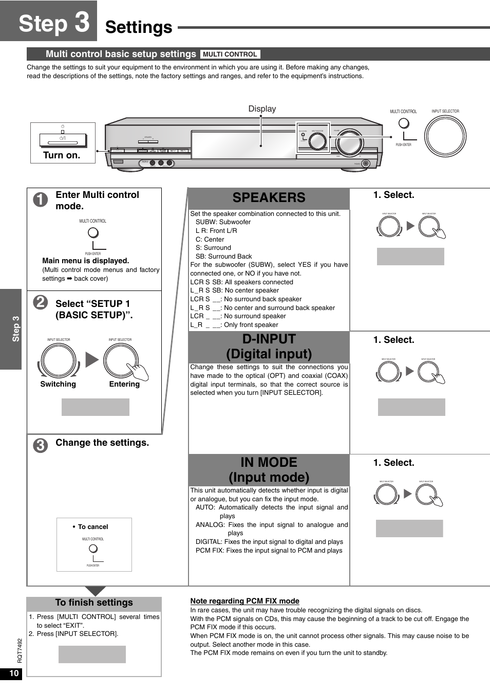 Step, Setup 1, D- input | Settings, Speakers, D-input (digital input), Select, Select “setup 1 (basic setup), Change the settings, Turn on | Panasonic SA-XR50  EN User Manual | Page 10 / 24