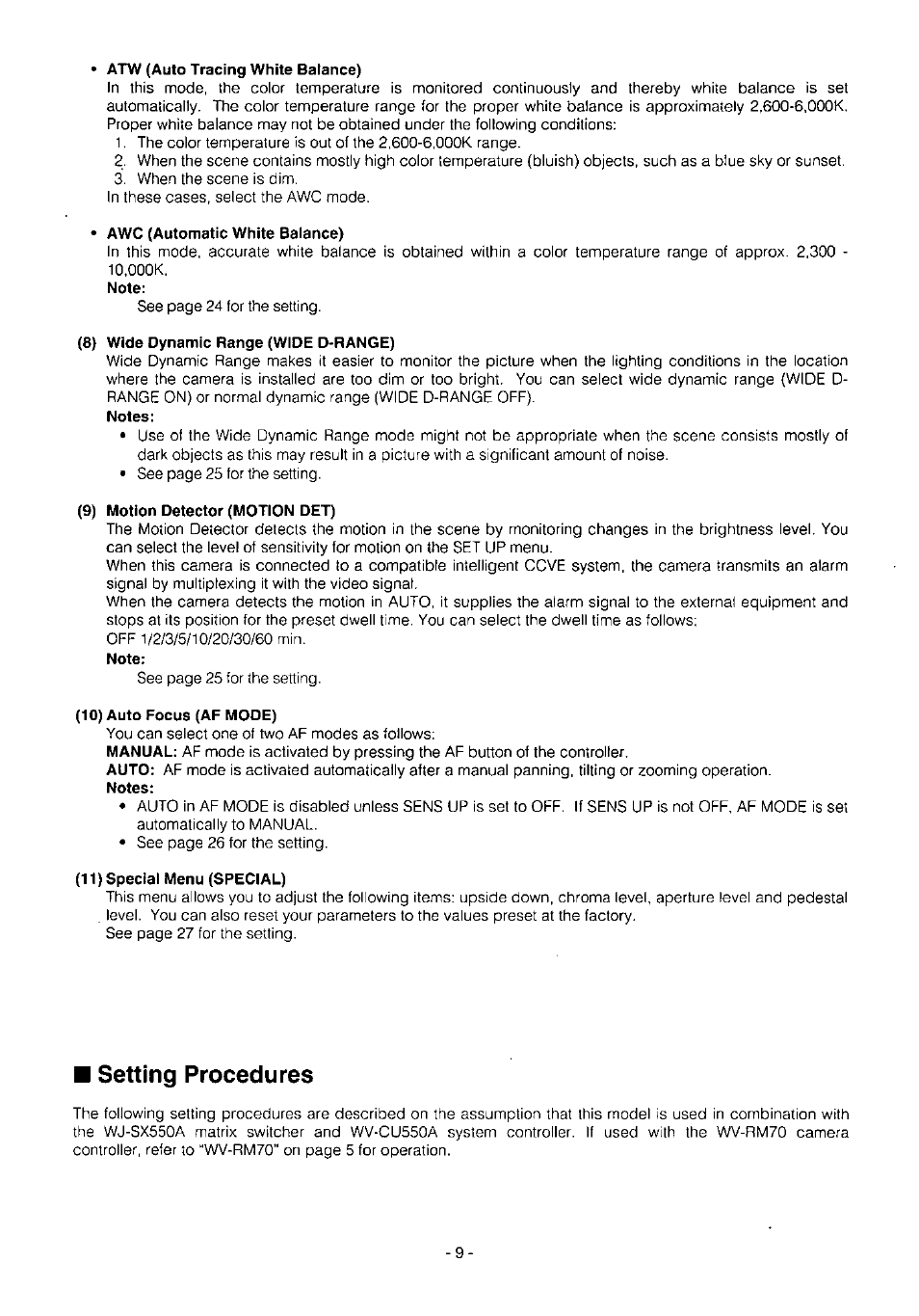 Atw (auto tracing white balance), Awc (automatic white balance), 8) wide dynamic range (wide d-range) | 9) motion detector (motion det), 10) auto focus (af mode), 11) special menu (special), Setting procedures | Panasonic WV-BS504 User Manual | Page 11 / 40