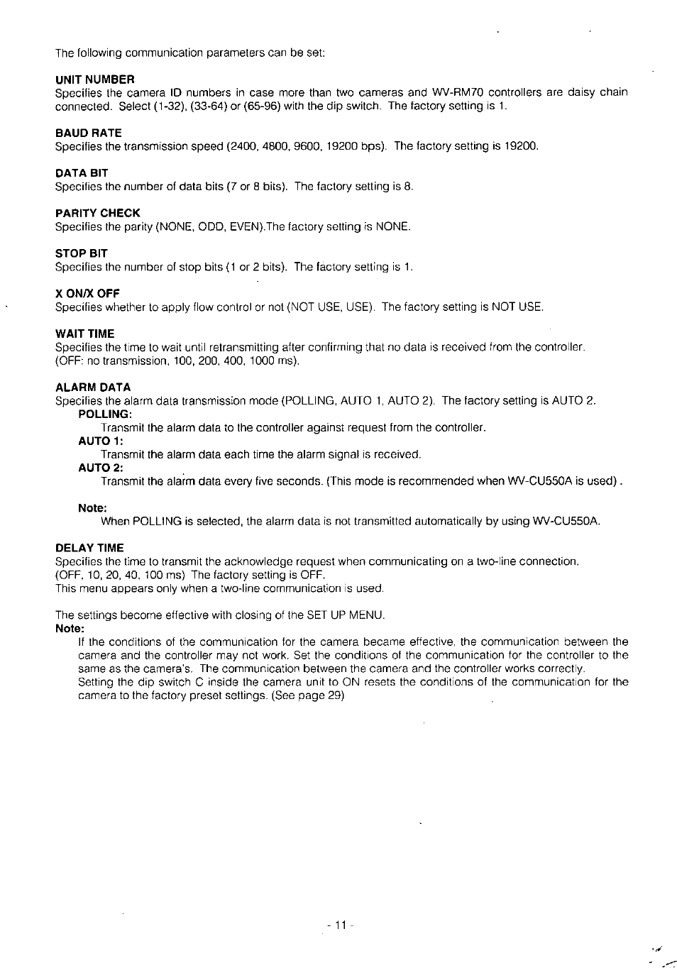 Unit number, Baud rate, Data bit | Parity check, Stop bit, X on/x off, Wait time, Alarm data, Auto 1, Auto 2 | Panasonic WV-BS504 User Manual | Page 13 / 40