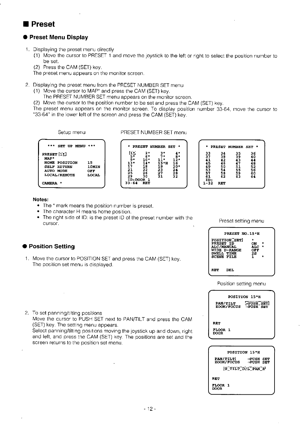 Preset, E preset menu display, Notes | Position setting | Panasonic WV-BS504 User Manual | Page 14 / 40
