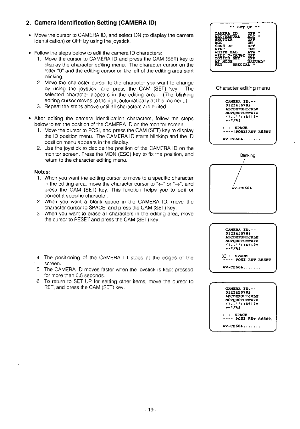 Camera identification setting (camera id), Notes, Ft#i | Ft#j7 | Panasonic WV-BS504 User Manual | Page 21 / 40