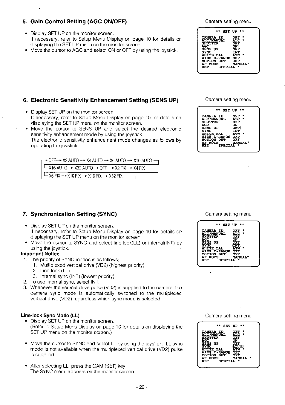 Synchronization setting (sync), Line-lock sync mode (ll), Gain control setting (agc on/off) | Panasonic WV-BS504 User Manual | Page 24 / 40