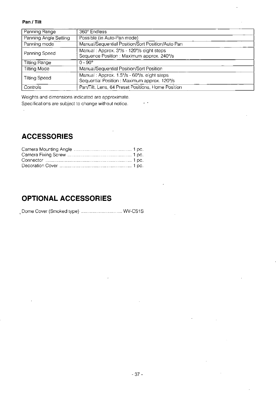 Accessories, Optional accessories | Panasonic WV-BS504 User Manual | Page 39 / 40