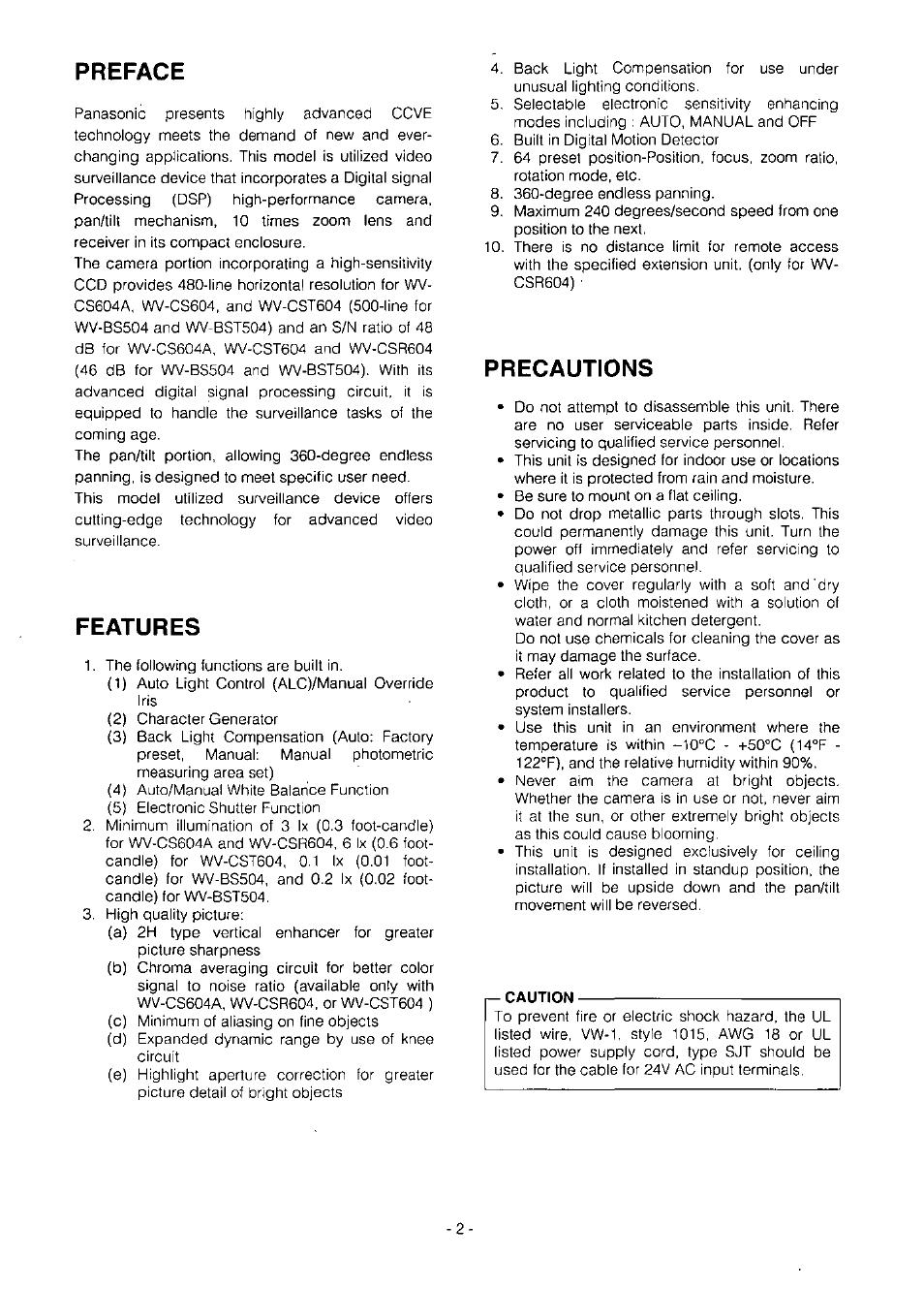 Preface, Features, Precautions | R- caution | Panasonic WV-BS504 User Manual | Page 4 / 40