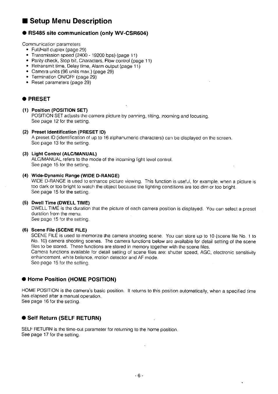 Setup menu description, Rs485 site communication (only wv-csr604), Preset | 1) position (position set), 2) preset identification (preset id), 3) light control (alc/manual), 4) wide-dynamic range (wide d-range), 5) dwell time (dwell time), 6) scene file (scene file), Home position (home position) | Panasonic WV-BS504 User Manual | Page 8 / 40