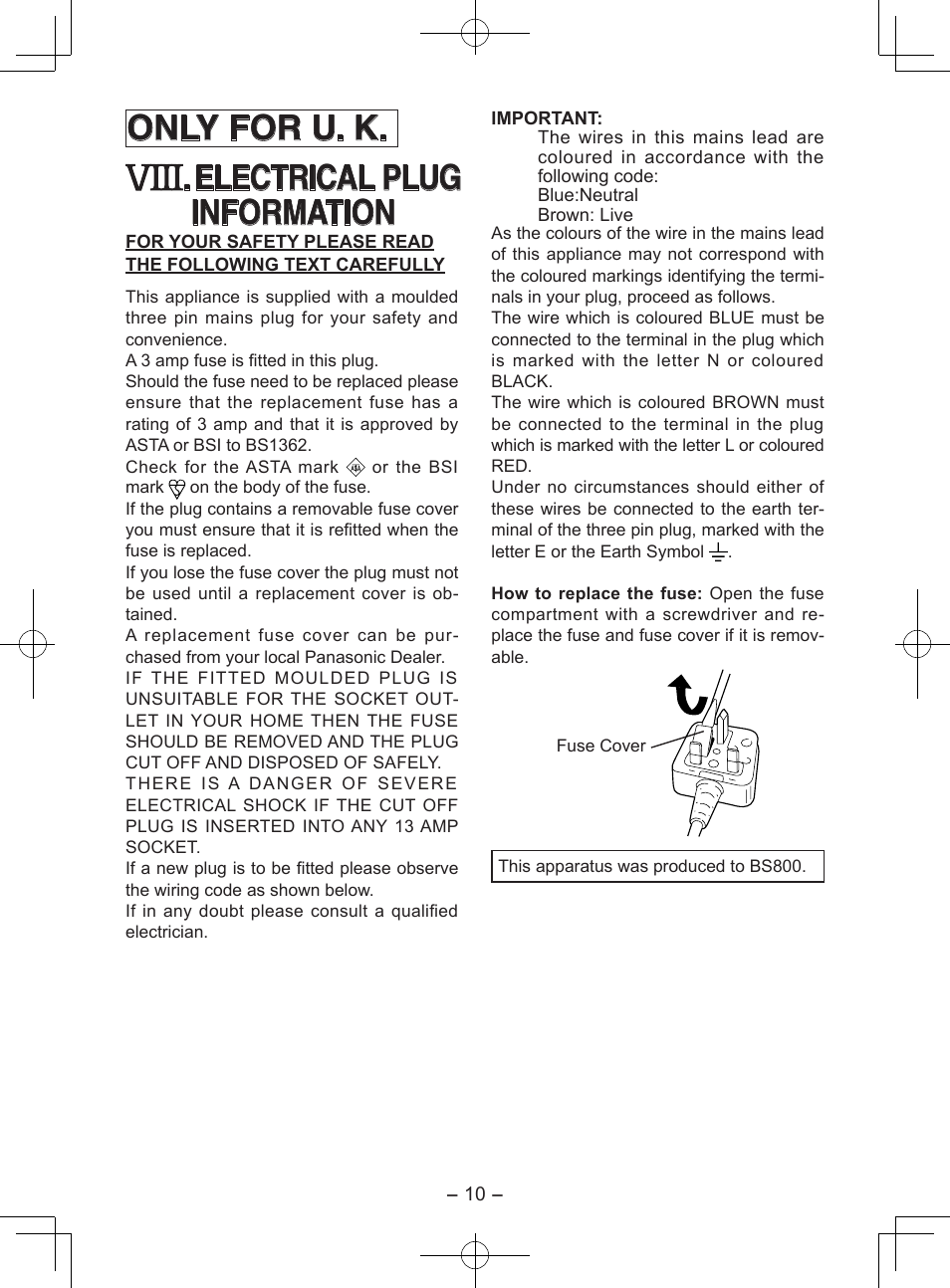 Only for u. k. . electrical plug information | Panasonic EY6903 User Manual | Page 10 / 68