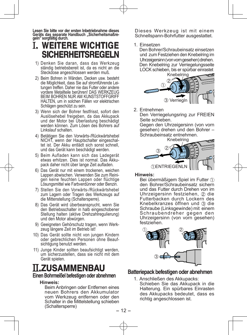 Weitere wichtige sicherheitsregeln, Zusammenbau, Einen bohrmeißel befestigen oder abnehmen | Batteriepack befestigen oder abnehmen | Panasonic EY6903 User Manual | Page 12 / 68