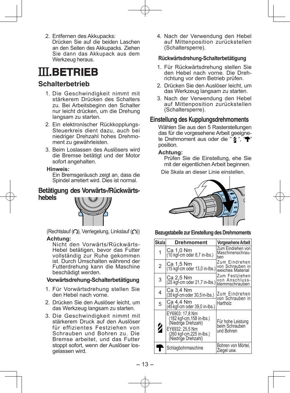 Betrieb, Schalterbetrieb, Betätigung des vorwärts-/rückwärts- hebels | Einstellung des kupplungsdrehmoments | Panasonic EY6903 User Manual | Page 13 / 68