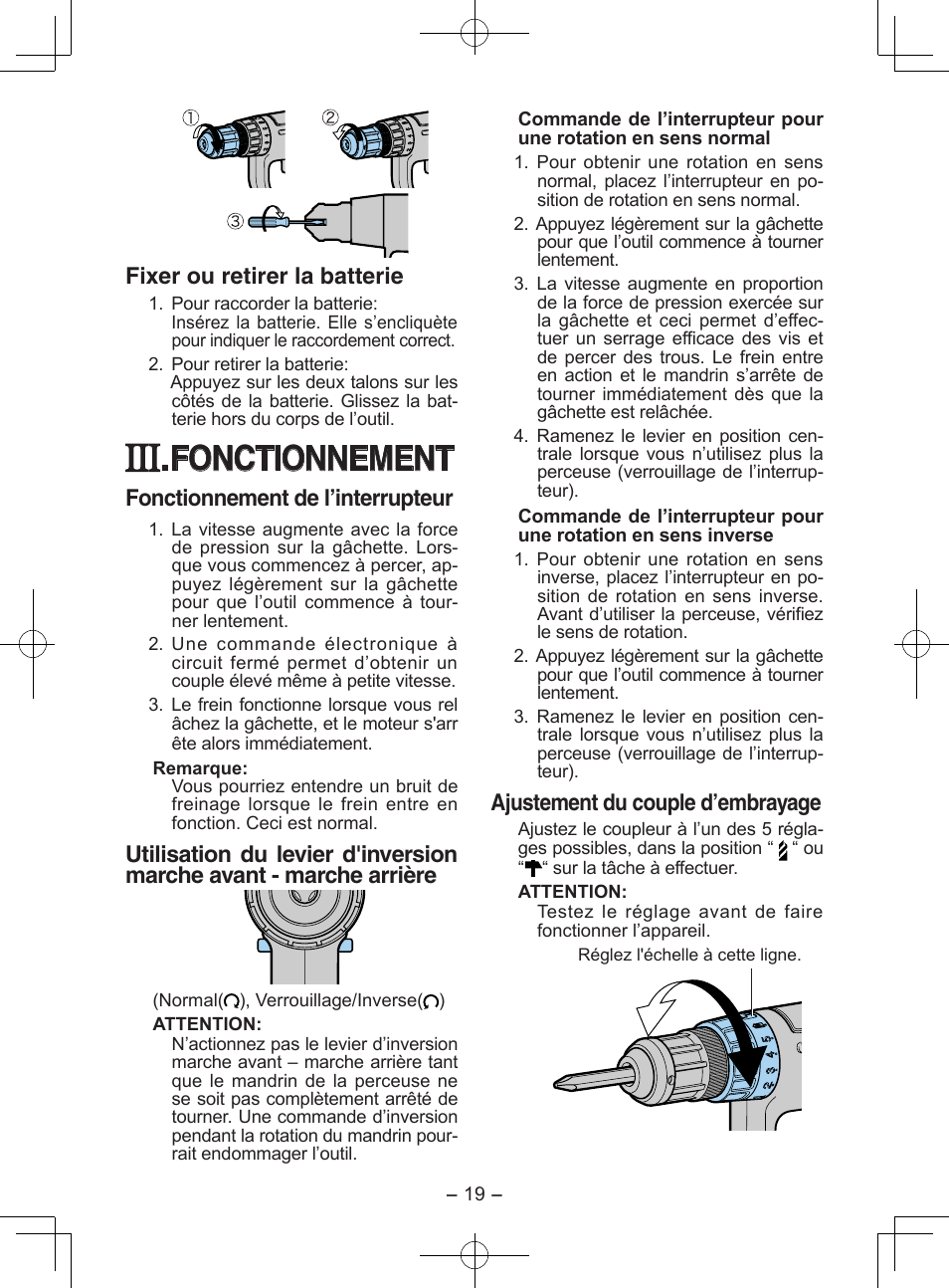 Fonctionnement, Fixer ou retirer la batterie, Fonctionnement de l’interrupteur | Ajustement du couple d’embrayage | Panasonic EY6903 User Manual | Page 19 / 68
