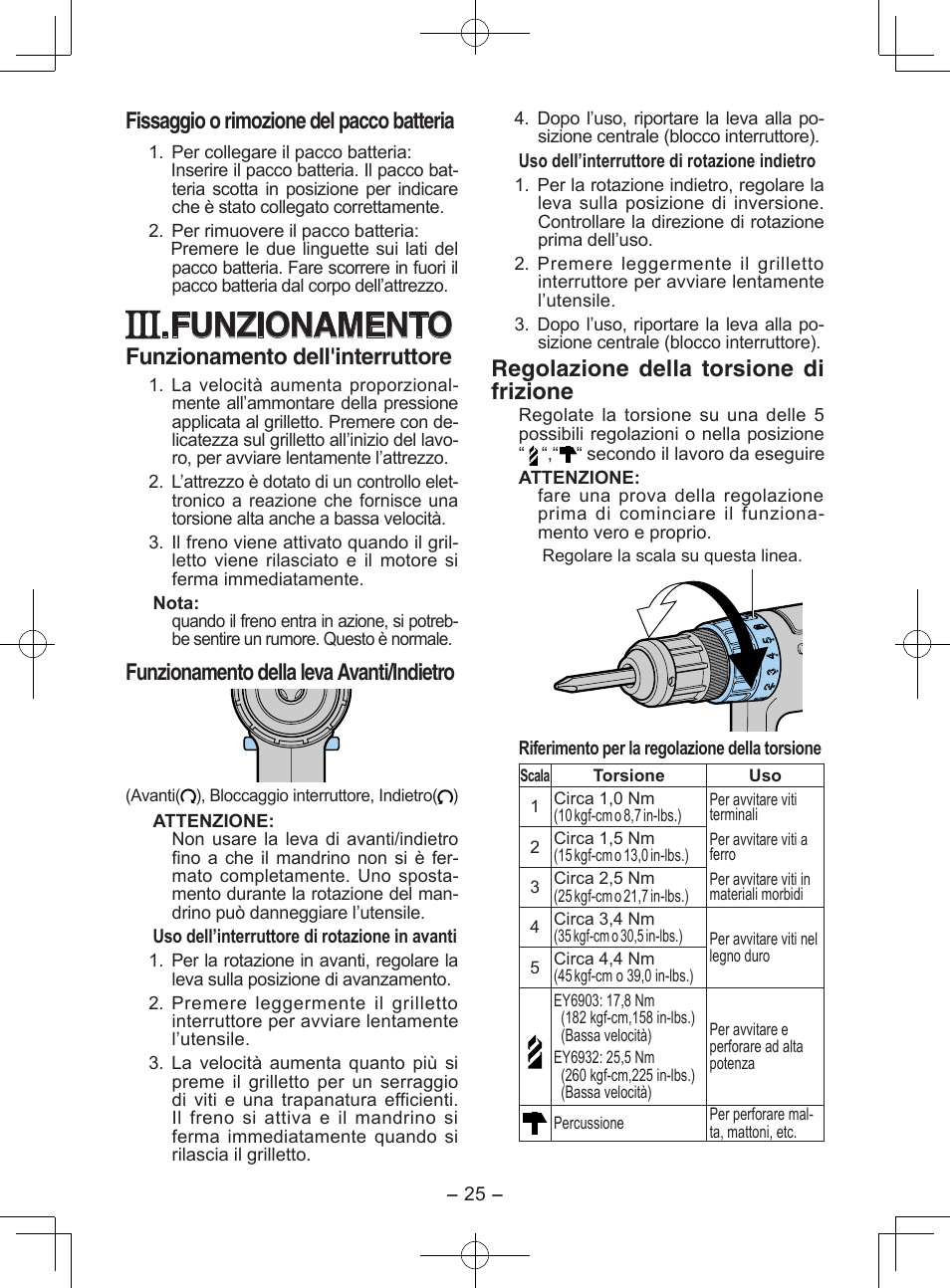 Funzionamento, Fissaggio o rimozione del pacco batteria, Funzionamento dell'interruttore | Funzionamento della leva avanti/indietro, Regolazione della torsione di frizione | Panasonic EY6903 User Manual | Page 25 / 68