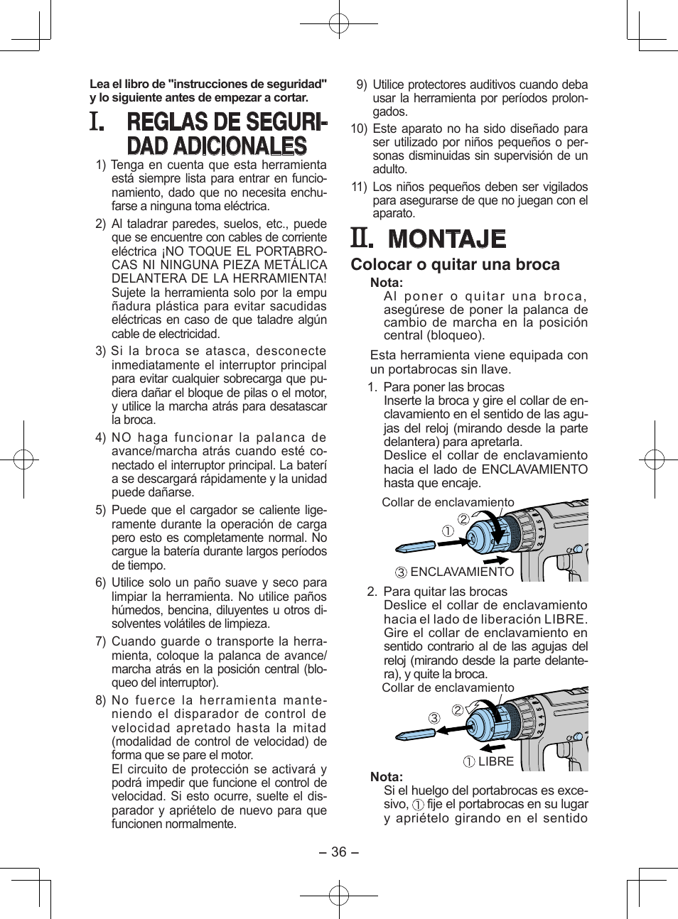 Reglas de seguri- dad adicionales, Montaje, Colocar o quitar una broca | Panasonic EY6903 User Manual | Page 36 / 68