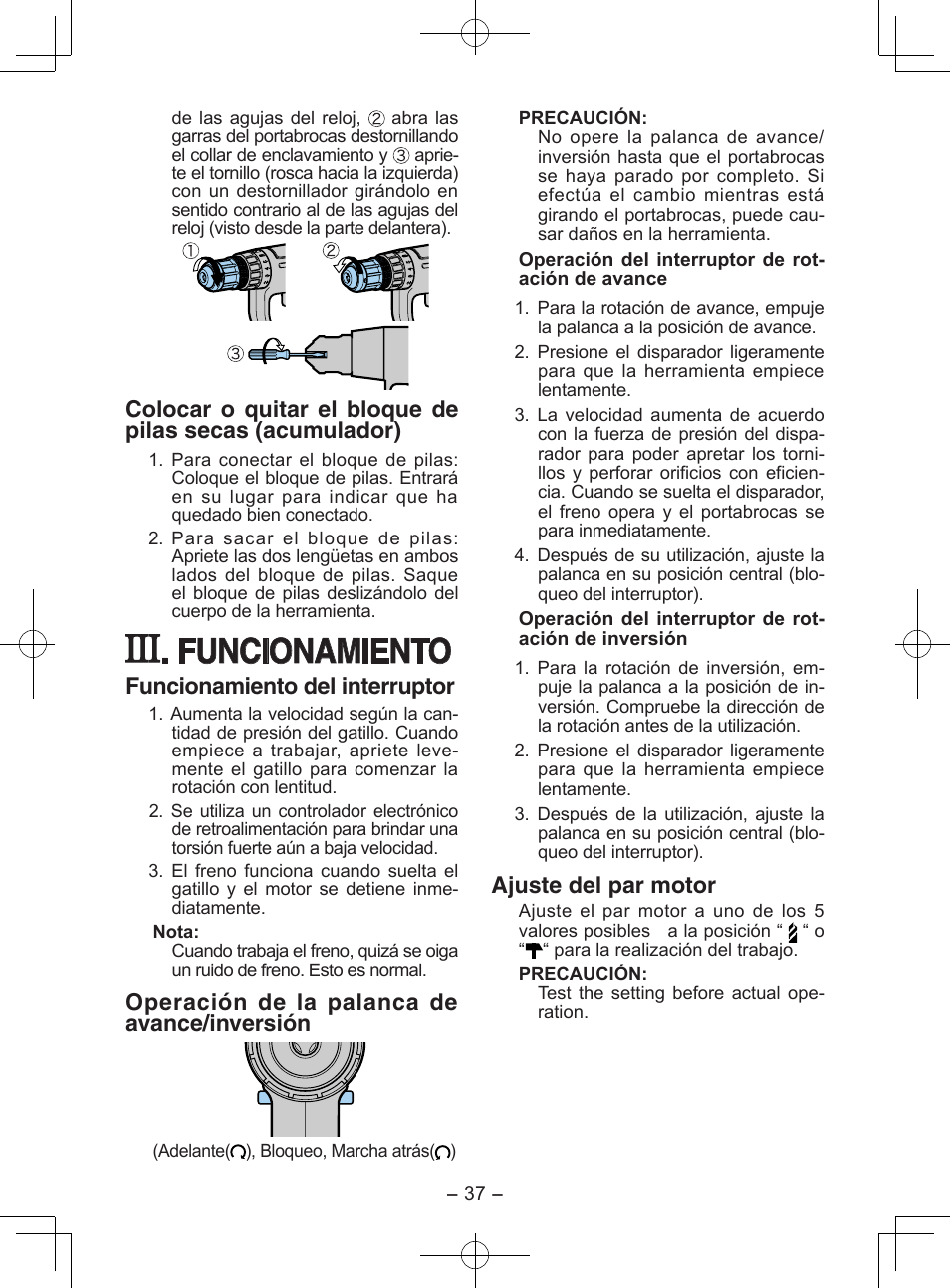 Funcionamiento, Funcionamiento del interruptor, Operación de la palanca de avance/inversión | Ajuste del par motor | Panasonic EY6903 User Manual | Page 37 / 68