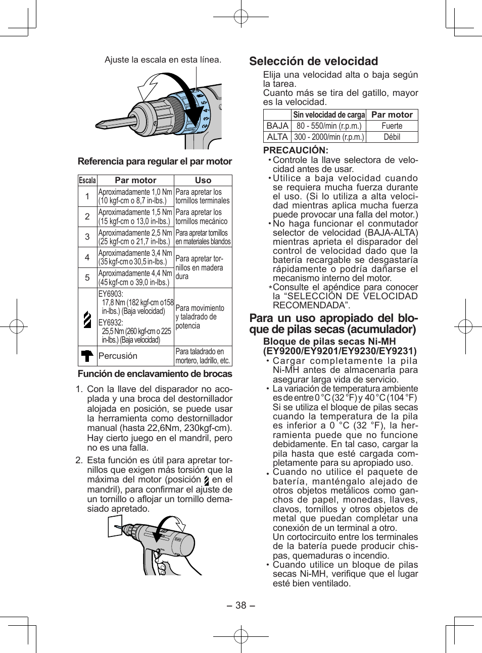 Selección de velocidad | Panasonic EY6903 User Manual | Page 38 / 68