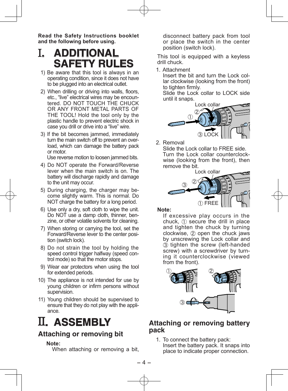 Additional safety rules, Assembly, Attaching or removing bit | Attaching or removing battery pack | Panasonic EY6903 User Manual | Page 4 / 68