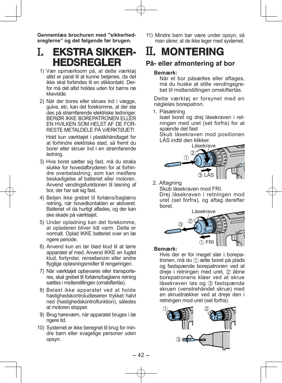 Ekstra sikker- hedsregler, Montering, På- eller afmontering af bor | Panasonic EY6903 User Manual | Page 42 / 68