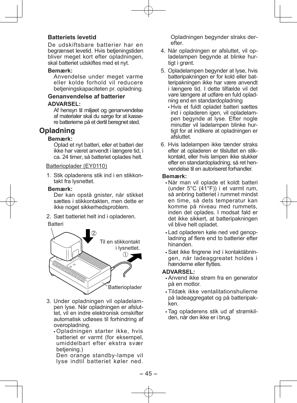 Opladning | Panasonic EY6903 User Manual | Page 45 / 68