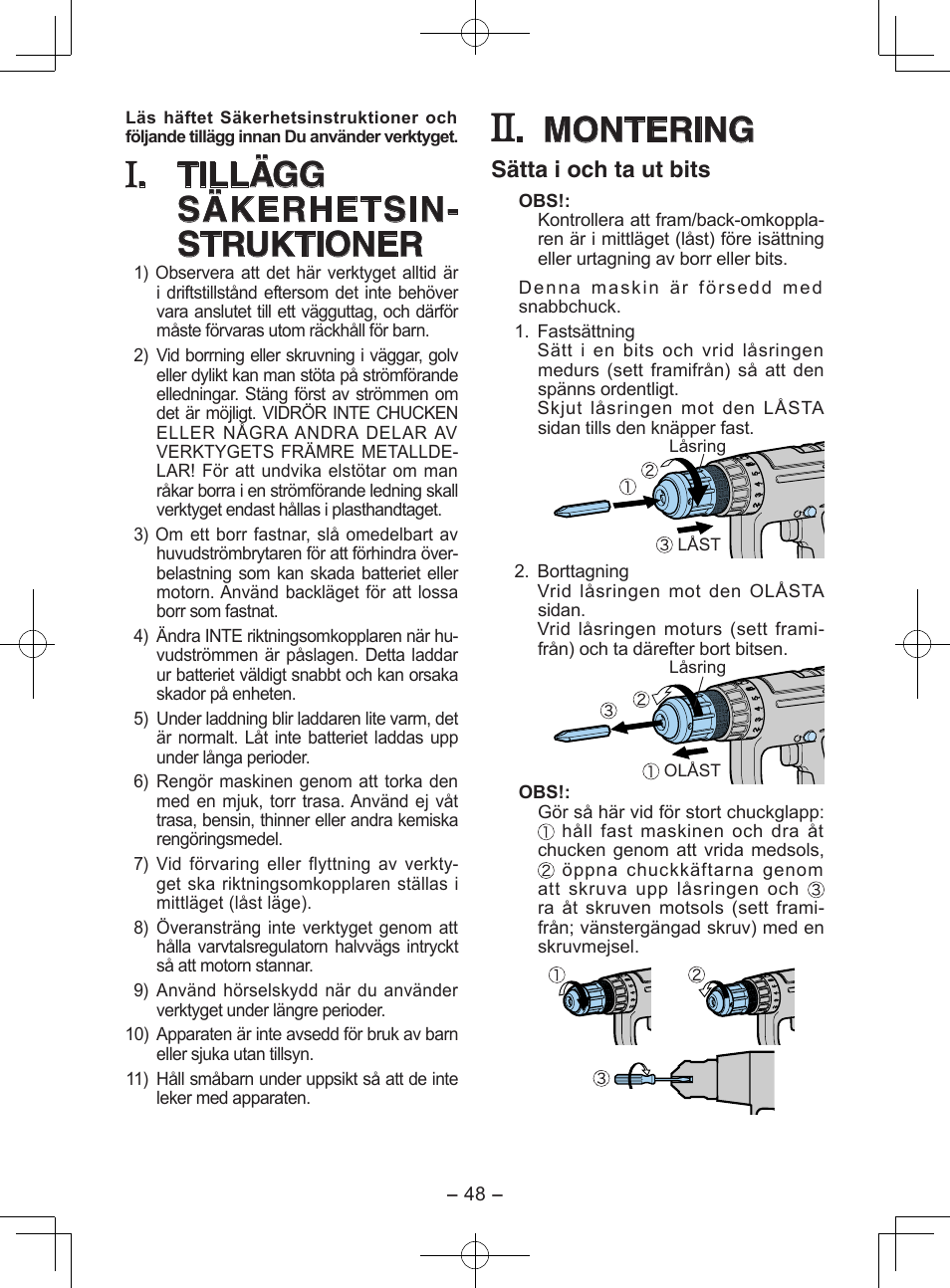 Tillägg säkerhetsin- struktioner, Montering, Sätta i och ta ut bits | Panasonic EY6903 User Manual | Page 48 / 68