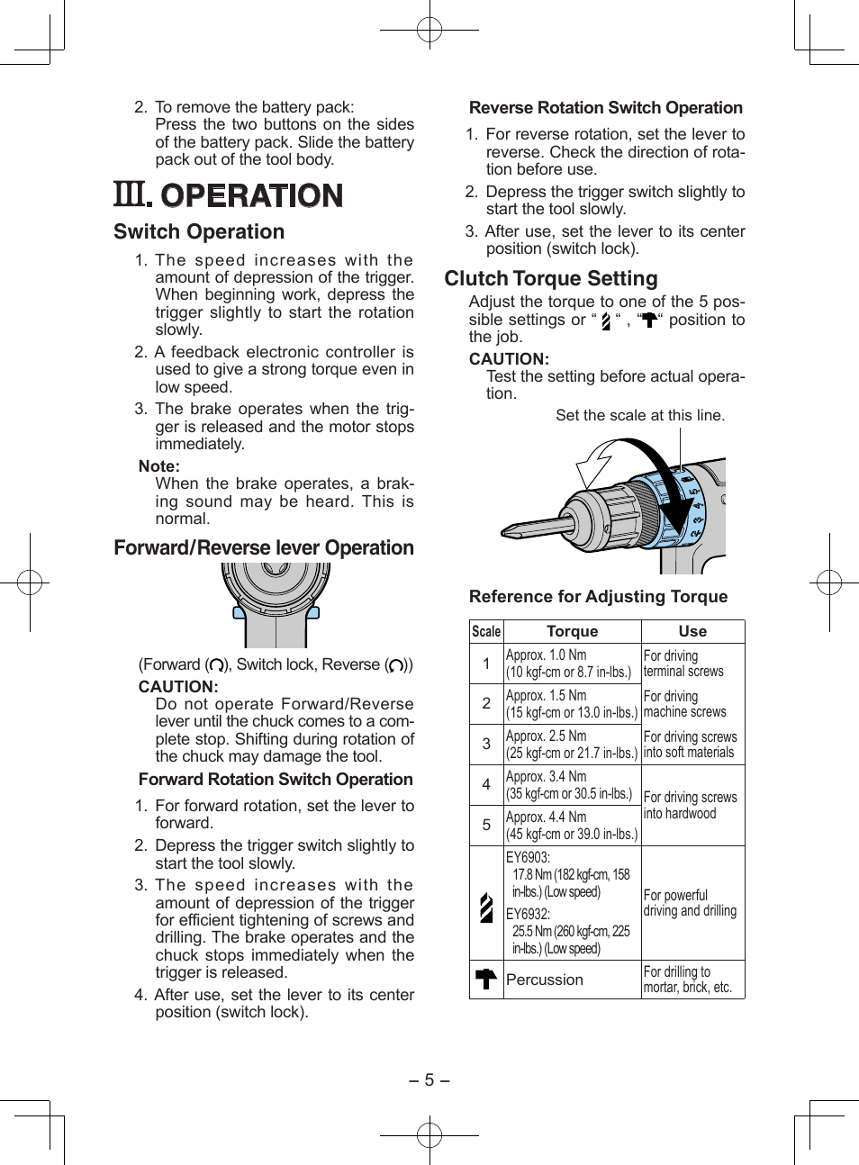 Operation, Switch operation, Forward/reverse lever operation | Clutch torque setting | Panasonic EY6903 User Manual | Page 5 / 68