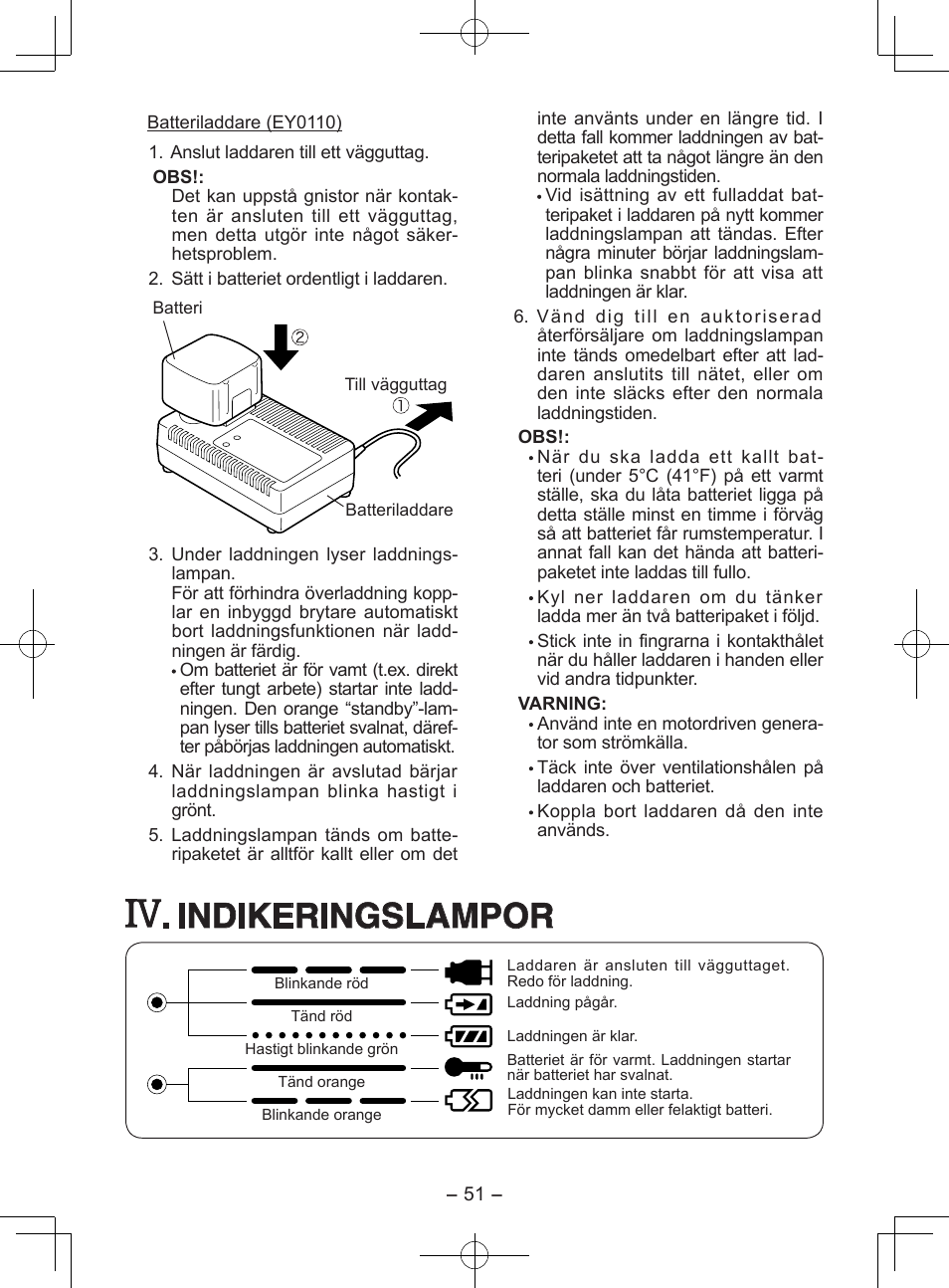 Indikeringslampor | Panasonic EY6903 User Manual | Page 51 / 68
