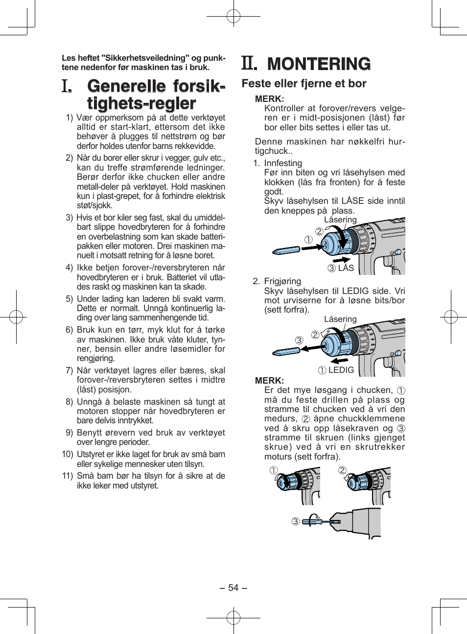 Generelle forsik- tighets-regler, Montering, Feste eller fjerne et bor | Panasonic EY6903 User Manual | Page 54 / 68