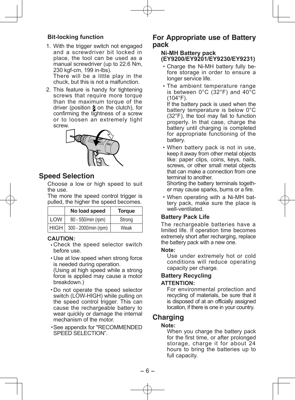 Speed selection, For appropriate use of battery pack, Charging | Panasonic EY6903 User Manual | Page 6 / 68