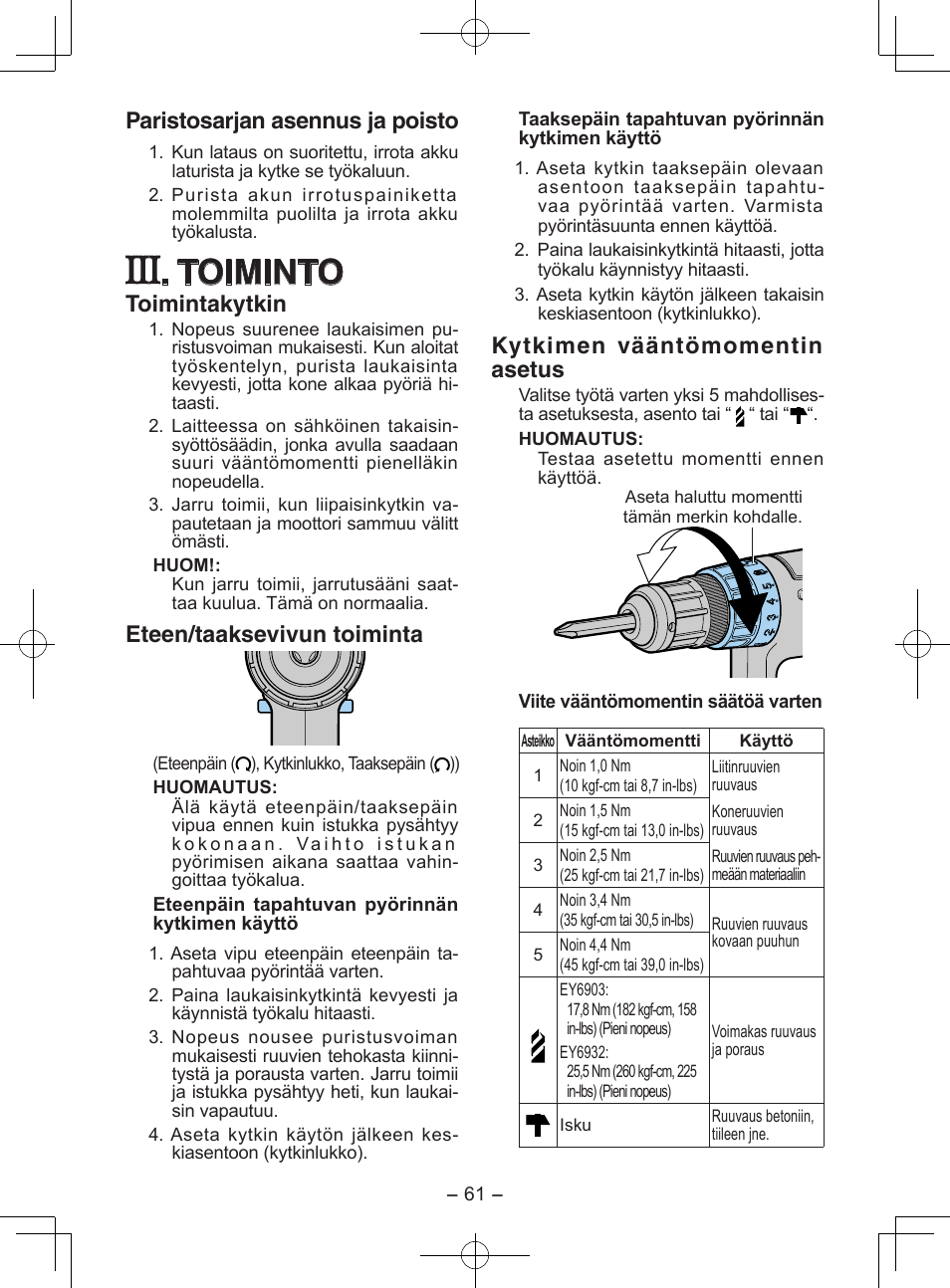 Toiminto, Paristosarjan asennus ja poisto, Toimintakytkin | Eteen/taaksevivun toiminta, Kytkimen vääntömomentin asetus | Panasonic EY6903 User Manual | Page 61 / 68