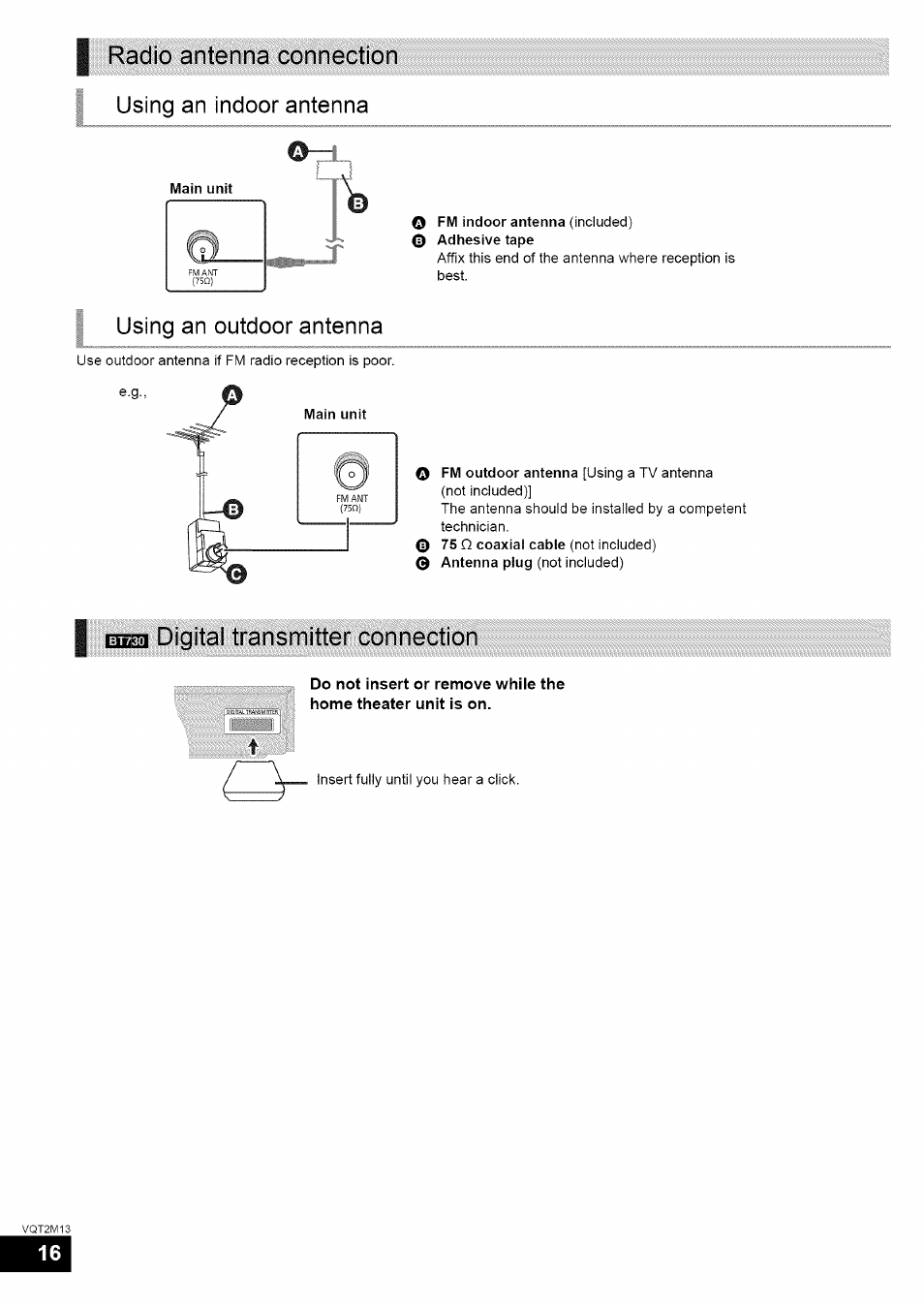 Radio antenna connection, I rrcrii digital transmitter connection, I:>g>c»i digital transmitter connection | Radio antenna connection using an indoor antenna, Using an outdoor antenna | Panasonic SC-BT730 User Manual | Page 16 / 52
