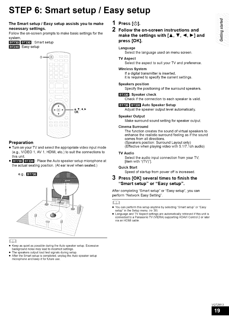 Preparation, 1 press [c!), Step 6: smart setup / easy setup | Panasonic SC-BT730 User Manual | Page 19 / 52