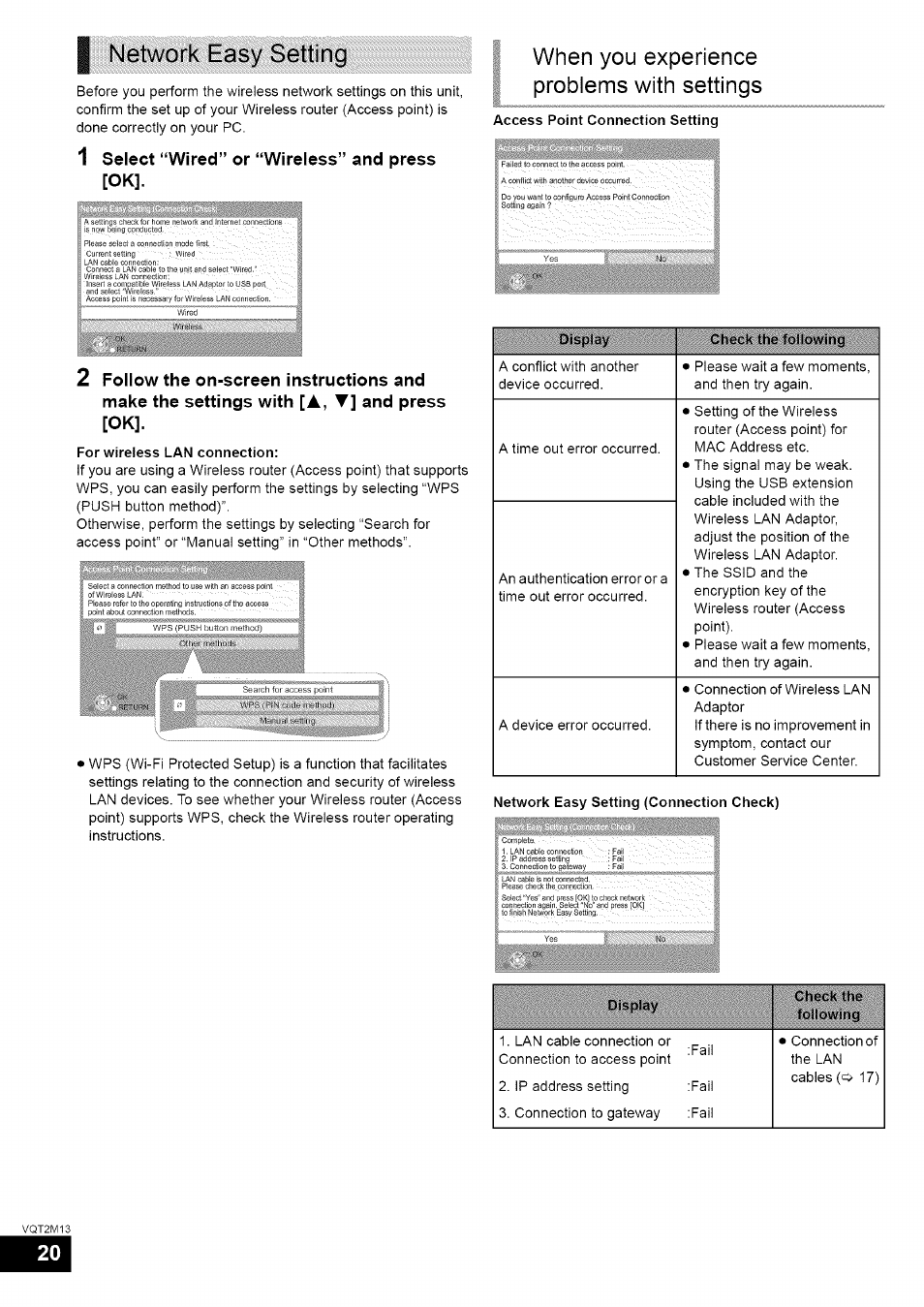 Network easy setting, 1 select “wired” or “wireless” and press [ok, When you experience problems with settings | Select “wired” or “wireless” and press [ok | Panasonic SC-BT730 User Manual | Page 20 / 52