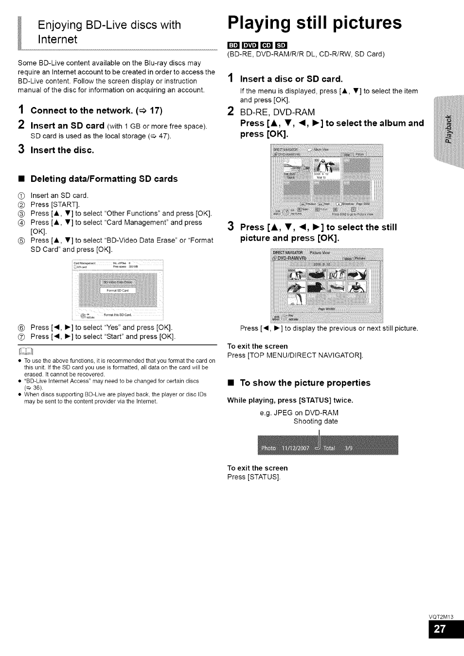 1 connect to the network. 17), 3 insert the disc, Deleting data/formatting sd cards | Litti is2ü] 03, 1 insert a disc or sd card, 2 bd-re, dvd-ram, Press [a, to select the album and, Press [ok, To show the picture properties, Playing still pictures | Panasonic SC-BT730 User Manual | Page 27 / 52