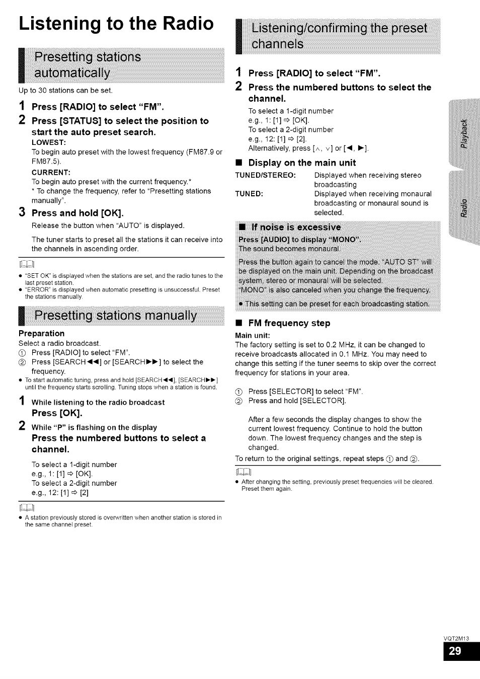 Presetting stations automatically, 1 press [radio] to select “fm, 3 press and hold [ok | I presetting stations manually, Press the numbered buttons to select a channel, Listening/confirming the preset channels, 2 press the numbered buttons to select the channel, If noise is excessive, Fm frequency step, Listening to the radio | Panasonic SC-BT730 User Manual | Page 29 / 52