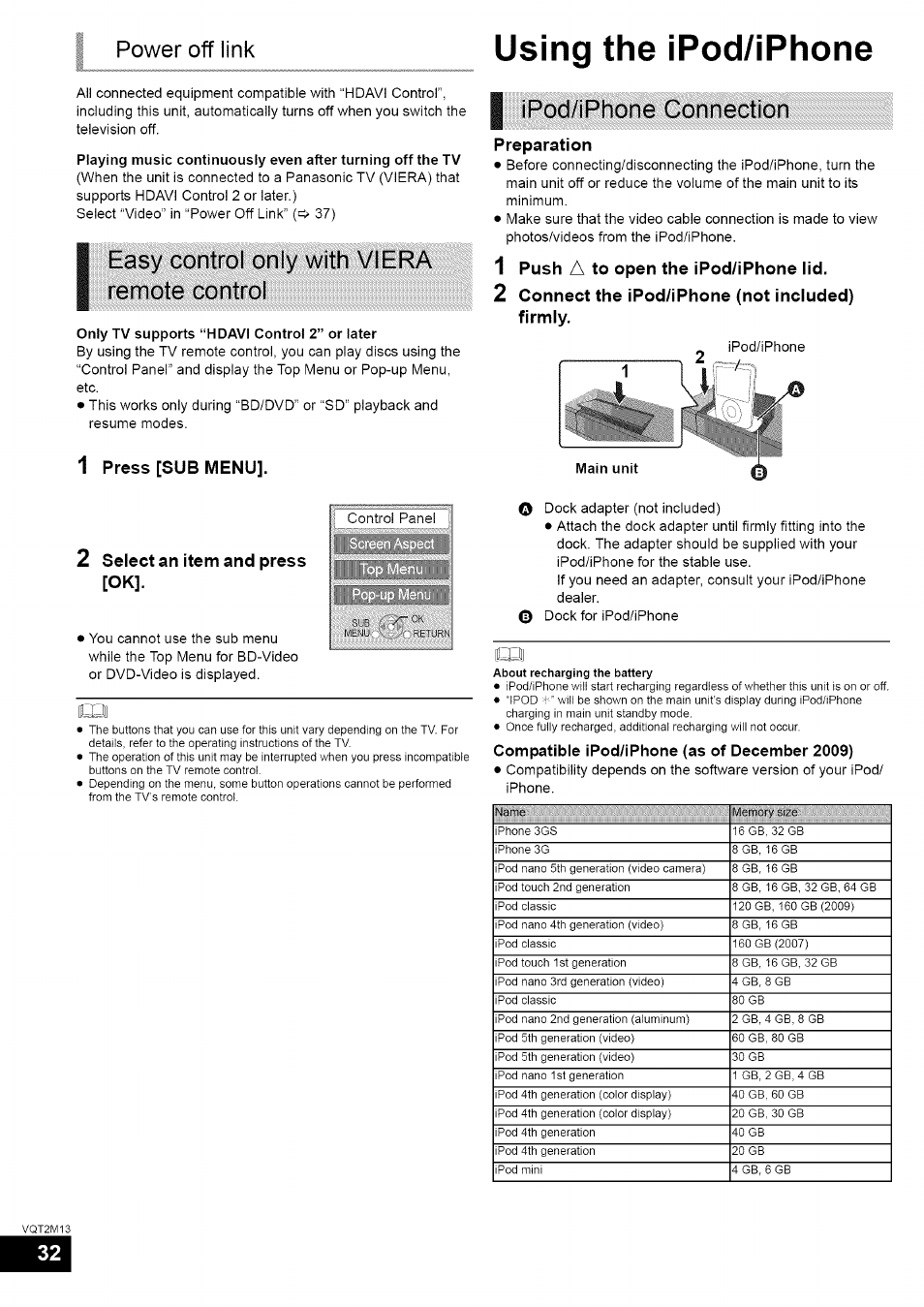Easy control only with viera remote control, I ipod/iphone connection, Preparation | 1 push a to open the ipod/iphone lid, 2 connect the ipod/iphone (not included) firmly, 2 select an item and press [ok, Ipod/i phone connection, Using the ipod/iphone, Power off link, Press [sub menu | Panasonic SC-BT730 User Manual | Page 32 / 52