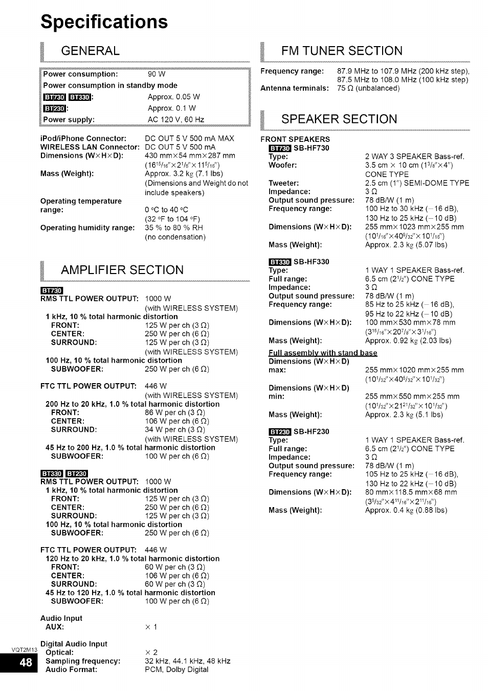 Specifications, Piaieeiliieeel | Panasonic SC-BT730 User Manual | Page 48 / 52