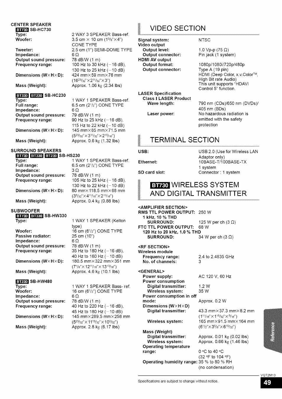 Bt730, Wireless system and digital transmitter | Panasonic SC-BT730 User Manual | Page 49 / 52