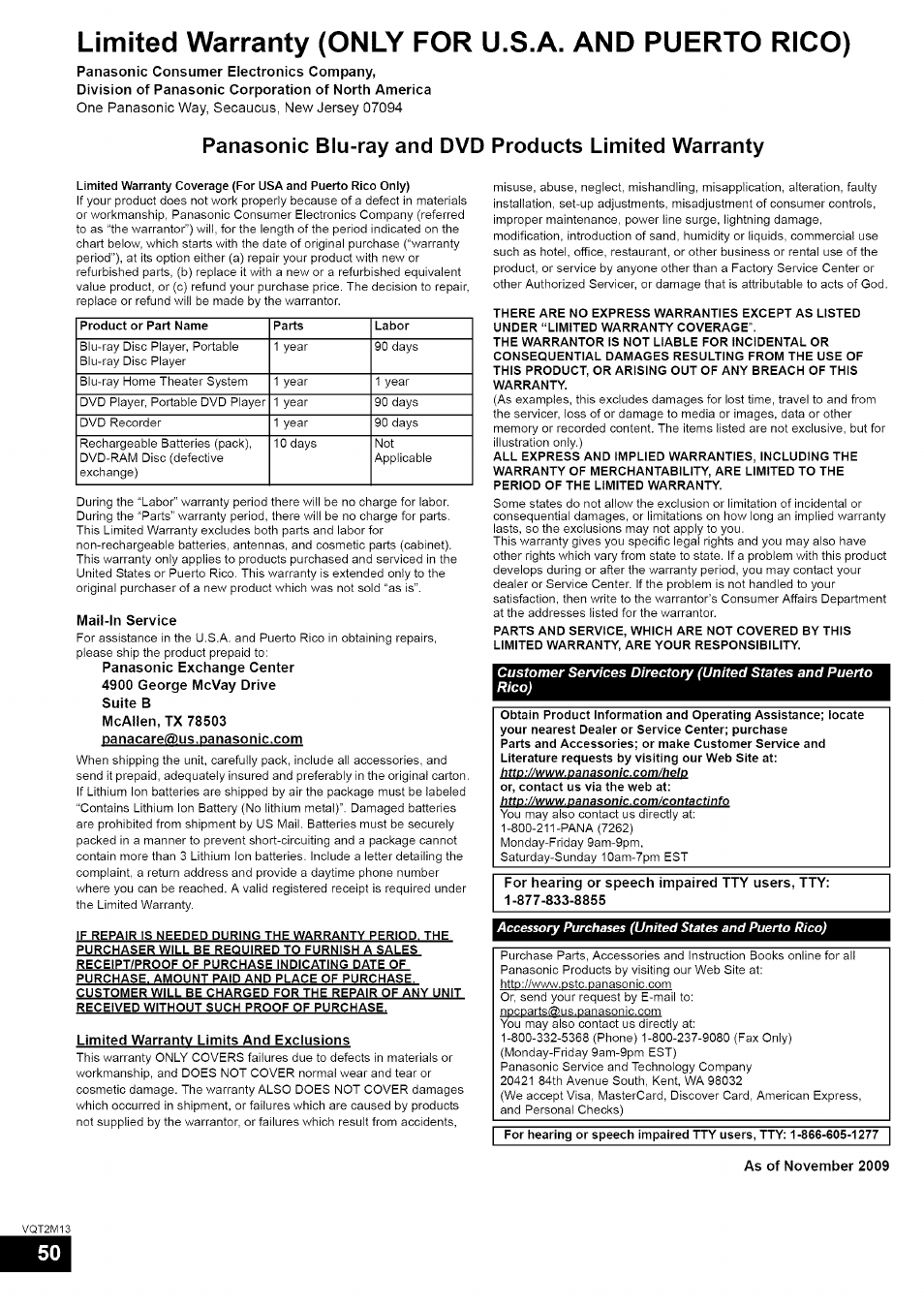 Limited warranty (only for u.s.a. and puerto rico) | Panasonic SC-BT730 User Manual | Page 50 / 52
