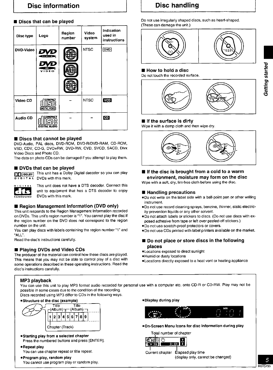 Discs that can be played, Discs that cannot be played, Dvds that can be played | Region management information (dvd only), Playing dvds and video cds, How to hold a disc, If the surface is dirty, Handling precautions, Mp3 playback, Structure of the disc (example) | Panasonic DVD-RV21 User Manual | Page 5 / 36