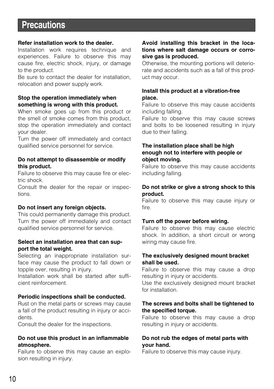 Precautions | Panasonic WV-NW502SK User Manual | Page 10 / 44